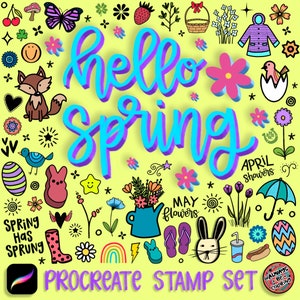 May include: A set of digital stamps for the Procreate app featuring spring-themed illustrations. The stamps include a variety of images, such as flowers, a bunny rabbit, a fox, a bird, an umbrella, a hot dog, a rainbow, and the text "Hello Spring".