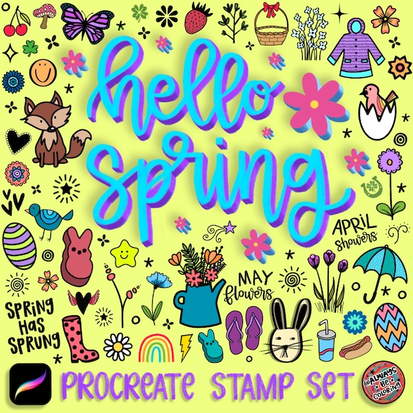 Procreate Spring Stamp Brush Set! 150 Procreate Stamp Brushes with Hand Drawn Doodles! With Procreate Color Palette & 7 Pattern Brushes