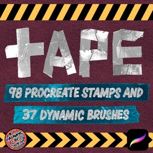 May include: Digital art design featuring the word "TAPE" in silver duct tape style, with the text "98 PROCREATE STAMPS AND 37 DYNAMIC BRUSHES" on blue tape strips. A circular logo and Procreate app icon are also present.