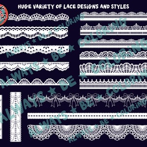 May include: A collection of white lace designs and styles. The designs include various patterns, such as scalloped edges, floral motifs, and geometric shapes.