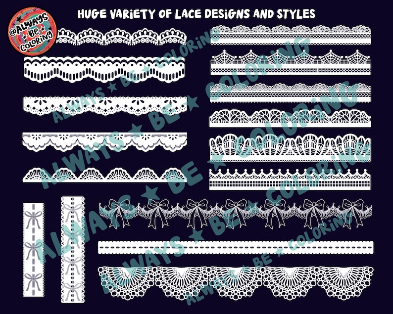 May include: A collection of white lace designs and styles. The designs include various patterns, such as scalloped edges, floral motifs, and geometric shapes.