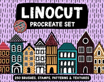 250 Realistic Procreate Linocut Brushes! Texture overlay brushes, seamless patterns, detail illustration brushes, paper textures, and stamps