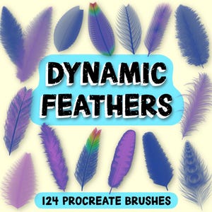 May include: A set of 124 Procreate brushes featuring dynamic feathers in various shades of blue and purple. The brushes are designed to create realistic and expressive feather effects.