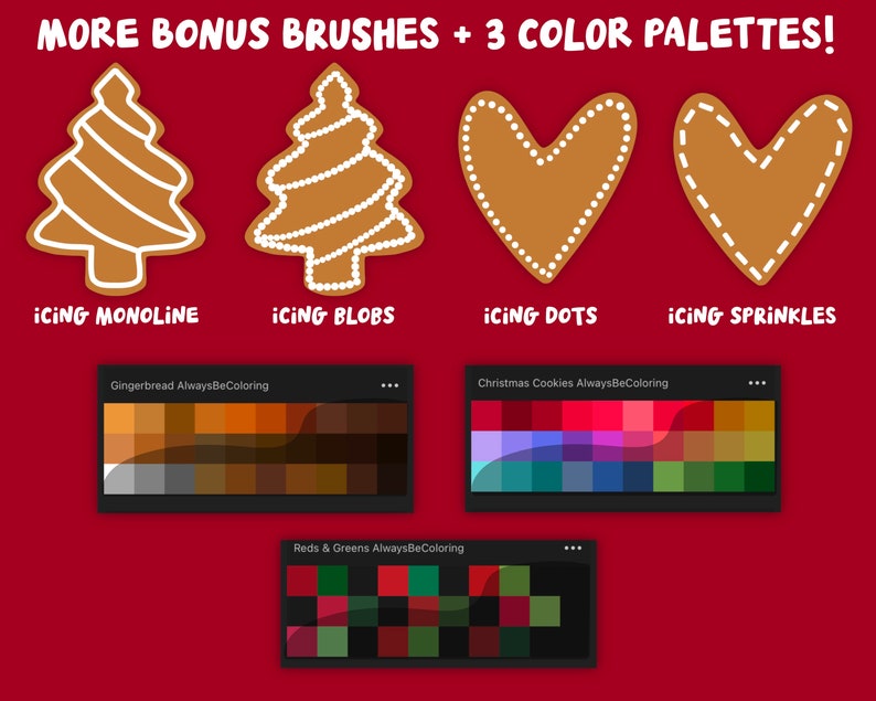 Holiday Cookie Maker Set Over 100 Procreate Brushes with Cute Holiday Cookie and Icing Shapes, plus Procreate Brushes and 3 Color Palettes image 7