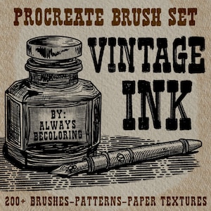 Puede incluir: Ilustración vintage de un tintero y una pluma. Conjunto de pinceles Procreate con más de 200 pinceles, patrones y texturas de papel. Por: Always Becoloring.