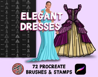 60 Hand Drawn Procreate Elegant Dress Stamps, 12 Painting & Illustration Brushes, for Fashion Drawings, Digital Portraits, Clothing Stamps