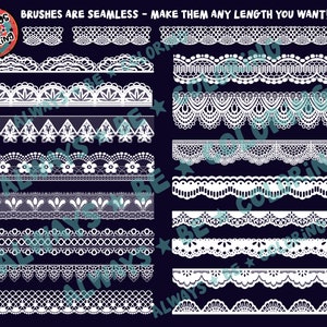 May include: A set of 12 white lace trim brushes, perfect for adding a delicate touch to your digital designs. The brushes are seamless and can be stretched to any length.