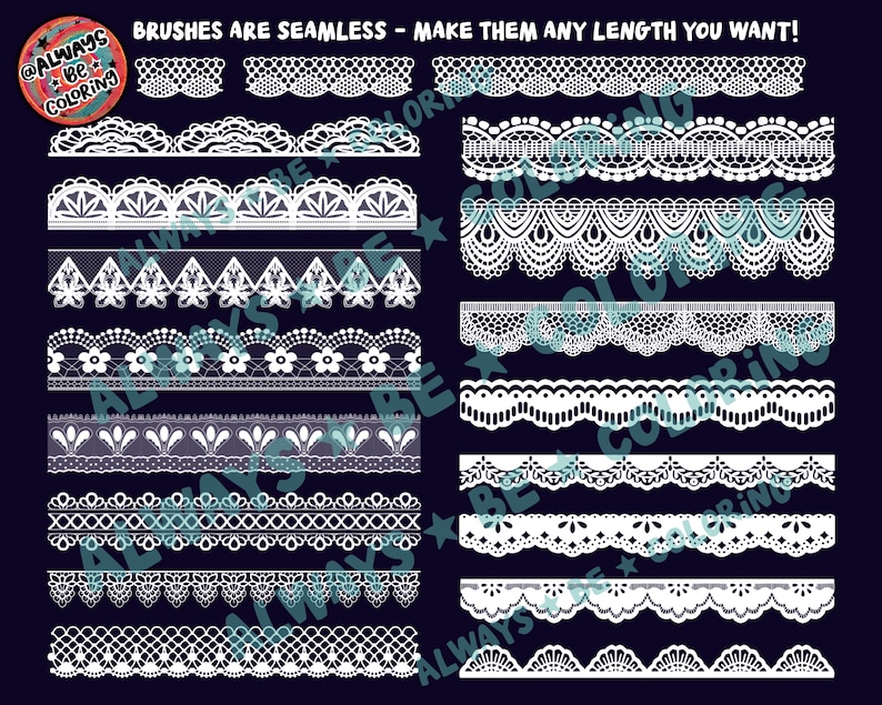 May include: A set of 12 white lace trim brushes, perfect for adding a delicate touch to your digital designs. The brushes are seamless and can be stretched to any length.