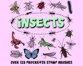 May include: A set of over 125 Procreate stamp brushes featuring various insects, including a ladybug, butterfly, scorpion, grasshopper, and ant. The brushes are black and white line drawings on a pink background.