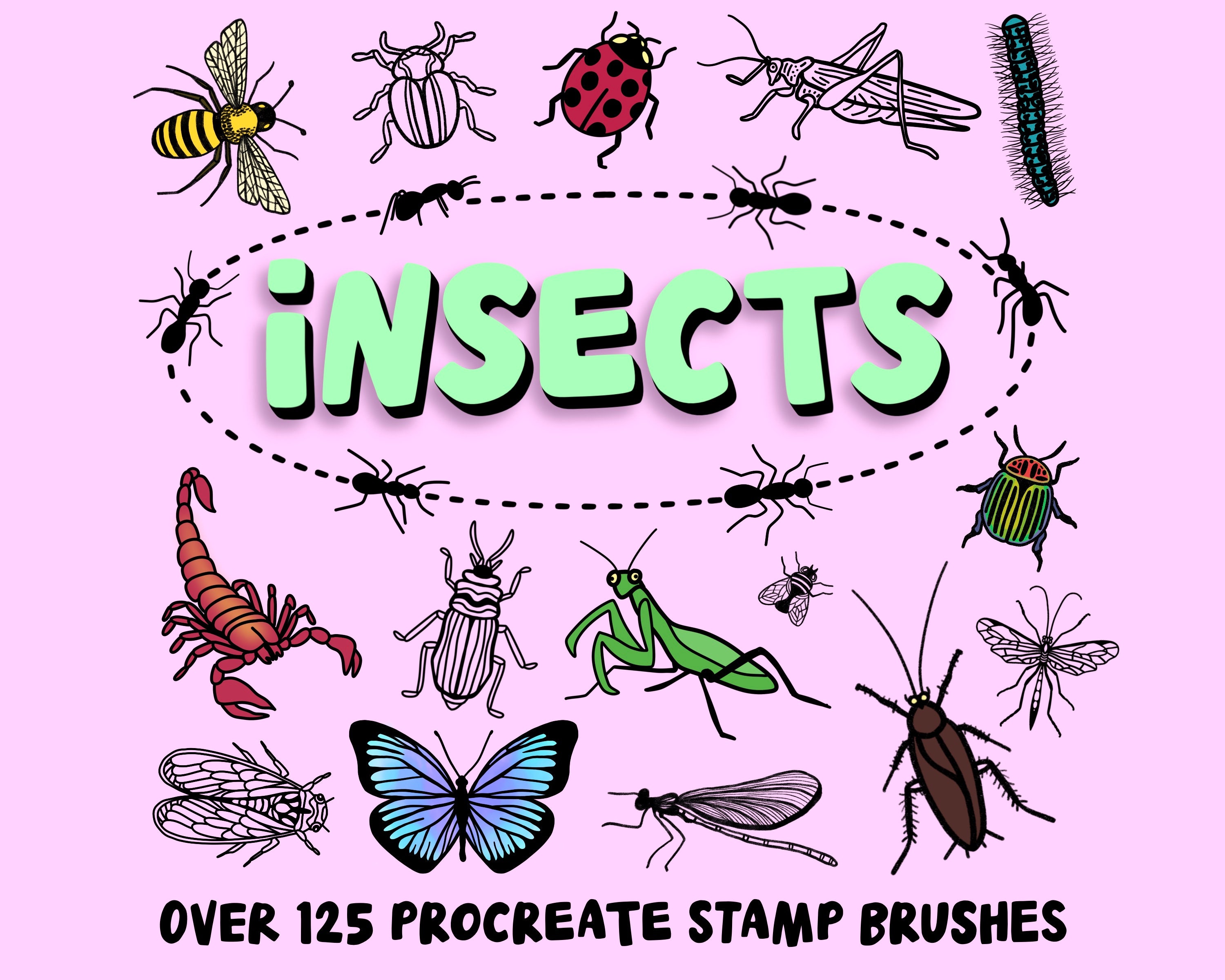 Más de 125 pinceles de sello de insectos para Procreate – Bichos dibujados a mano, mariposas, abejas, escarabajos y set de line art para tatuaje