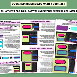May include: A digital instructional guide titled Detailed Brush Guide With Tutorials featuring Procreate software interface screenshots. The document explains how to use outline frames, add dimensions, apply paper textures, and layer frames.