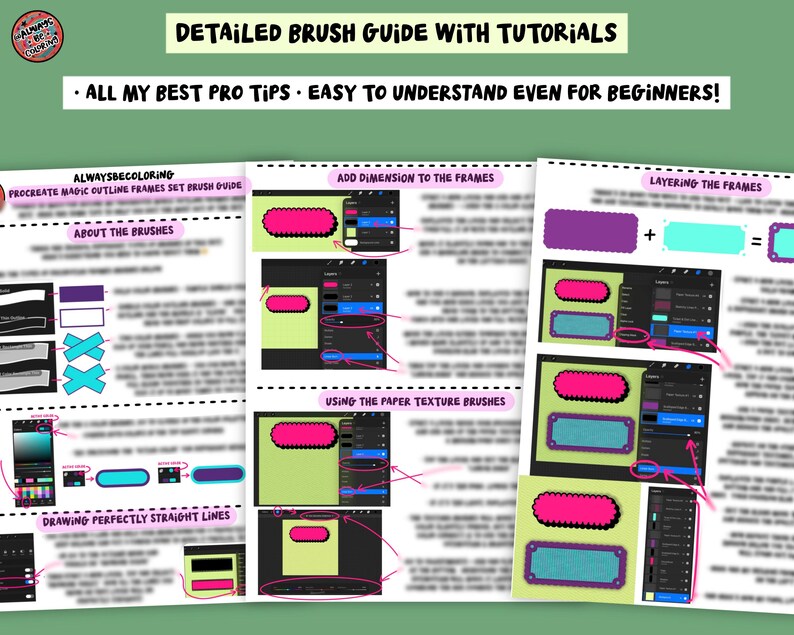 May include: A digital instructional guide titled Detailed Brush Guide With Tutorials featuring Procreate software interface screenshots. The document explains how to use outline frames, add dimensions, apply paper textures, and layer frames.