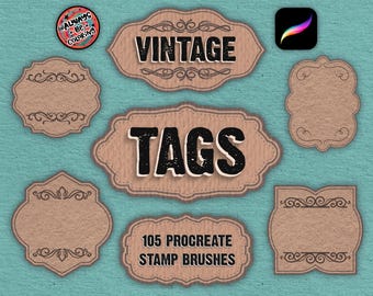 100 Procreate Vintage Tags Stamps, 5 Paper Texture Brushes, Gift Tags, Invitations, DIY Crafts, Photo Frames, Digital Planner Stamps
