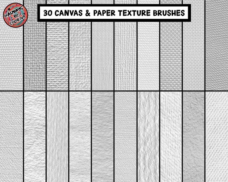 May include: A digital art graphic showcasing 30 canvas and paper texture brushes. The textures are displayed in vertical columns, each with a unique pattern and shade of gray. The top of the image features the text "30 CANVAS & PAPER TEXTURE BRUSHES".