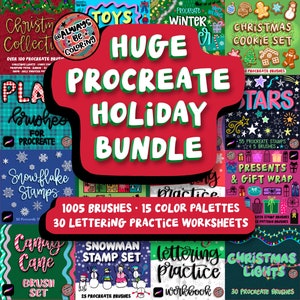 Procréez un énorme pack de vacances Économisez 60 % ! 1005 tampons et pinceaux de Noël Procreate, 15 palettes de couleurs, 30 feuilles de travail de pratique du lettrage,