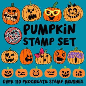 May include: A set of 110 Procreate stamp brushes featuring various pumpkin designs. The pumpkins have different expressions, including smiling, frowning, and spooky. The text "PUMPKIN STAMP SET" is displayed in large, bold letters. The text "@ALWAYS BE COLORING" is displayed in a circle with a rainbow pattern.