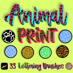 Puede incluir: Un conjunto de 33 pinceles de letras de estampado animal para arte digital. Los pinceles están diseñados para crear una variedad de patrones de estampado animal, incluyendo leopardo, cebra, guepardo y vaca. Los pinceles son perfectos para crear diseños únicos y llamativos.