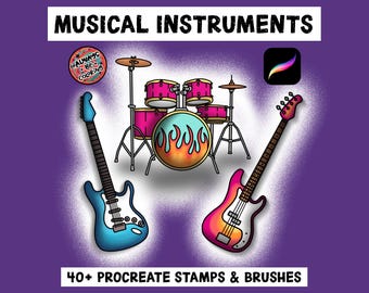 40 Hand Drawn Procreate Musical Instrument Stamps, Plus Procreate Shading, Glitter and Monoline Brushes, Procreate Music Band Orchestra
