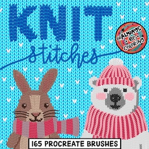 Puede incluir: Un conjunto de 165 pinceles Procreate con un diseño de punto de tejido. Los pinceles están ilustrados con un fondo azul y dos animales lindos que usan gorros y bufandas de punto. El texto "Knit Stitches" está escrito en letras azules en la parte superior de la imagen. El texto "@ALWAYS BE COLORING" está escrito en un círculo con una estrella y un corazón.