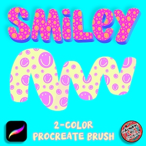 May include: A digital art graphic on a turquoise background. The word "SMILEY" is in pink with yellow smiley faces and a blue shadow. Below is a wavy design with a yellow background and pink smiley faces. The text "2-COLOR PROCREATE BRUSH" is below the wavy design.