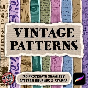 170 pennelli Procreate Vintage Seamless Pattern, timbri di carta strappata, motivi astratti, motivi per collage di tecniche miste, Digital Junk Journal Art