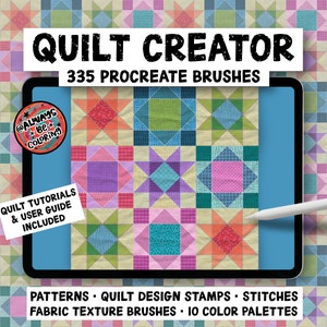Puede incluir: Una tableta muestra un producto de arte digital para el diseño de edredones. La pantalla muestra coloridos diseños de bloques de edredón y el texto "QUILT CREATOR" y "335 PROCREATE BRUSHES". El texto adicional incluye "QUILT TUTORIALS & USER GUIDE INCLUDED".