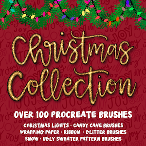 Ensemble de pinceaux de la collection Noël Procreate, plus de 100 pinceaux - guirlandes lumineuses, pull moche et motifs sans couture de papier cadeau, pinceau scintillant