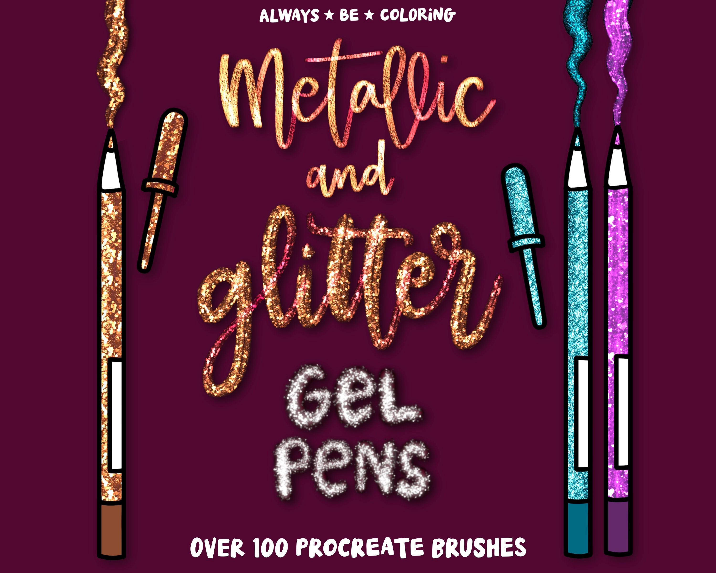 100 pinceles de bolígrafo gel metálicos y con glitter para Procreate – Set de lettering 3D y texturas para iPad