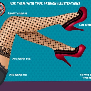 May include: A pair of legs wearing black fishnet stockings with a black lace trim. The legs are crossed and the feet are wearing red high heels with black lace trim. The background is a turquoise blue with a pattern of small white dots. The text "FISHNET BRUSH #1", "LACE BORDER #118", "LACE BORDER #71", "LACE BORDER #28", and "FISHNET BRUSH #7 (BACKGROUND)" is visible on the image.