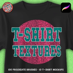100 pennelli Procreate per sovrapposizione texture t-shirt, 10 mockup modificabili per t-shirt, texture grunge Procreate, pennelli per texture carta, rumore e grana