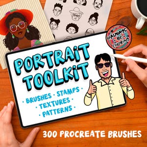 May include: A digital illustration of a portrait toolkit for Procreate with 300 brushes, stamps, textures, and patterns. The illustration features a cartoon character with a thumbs up and the text "PORTRAIT TOOLKIT" in blue and white.