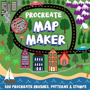 Pacote de pincéis Procreate Map Maker, 300 pincéis, carimbos desenhados à mão, padrões contínuos, pincéis de textura, crie mapas de fantasia, paisagens urbanas e muito mais