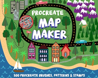 May include: A colorful illustration of a map with a road, houses, trees, mountains, and a boat. The text "Procreate Map Maker" is in large, bold letters. The text "300 Procreate Brushes, Patterns & Stamps" is at the bottom of the image.