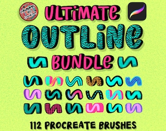 May include: A digital illustration of a Procreate brush set for creating outlines. The text "Ultimate Outline Bundle" is in pink and blue with a zebra print pattern. The text "112 Procreate Brushes" is in black. There are 12 different outline brush previews in various colors and patterns.