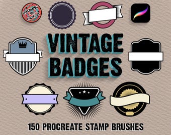 150 Procreate Vintage Badges Stamps, 5 Paper Texture Brushes, Digital Collage, Scrapbook, Procreate Mood Board, Retro Shapes, Ribbons