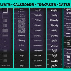 May include: A black chalkboard with white text lists various calendar and tracker templates. The templates include check boxes, to-do lists, weekly and monthly habit trackers, weekly logs, calendar blanks, and mood trackers. The text also includes the days of the week, months of the year, and various notes and ideas.