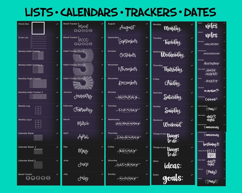 May include: A black chalkboard with white text lists various calendar and tracker templates. The templates include check boxes, to-do lists, weekly and monthly habit trackers, weekly logs, calendar blanks, and mood trackers. The text also includes the days of the week, months of the year, and various notes and ideas.