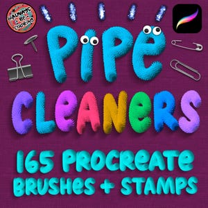 Può includere: Grafica di arte digitale con le parole "PIPE CLEANERS" in lettere colorate e soffici, con occhi mobili sulla "P" e sulla "E". Il testo "165 PROCREATE BRUSHES + STAMPS" è in basso. L'immagine include forniture artistiche come una graffetta, una spilla da balia e un'icona dell'app Procreate.