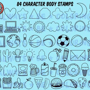 ¡Conjunto de creación de personajes de mascota retro para Procreate! ¡280 sellos para Procreate, 45 pinceles de semitonos, texturas y patrones sin costuras! Caras, cuerpos, brazos, piernas imagen 3