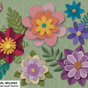 Puede incluir: Un dise&ntilde;o digital de artesan&iacute;a en papel con cinco flores de papel coloridas con un aspecto texturizado. Las flores son en tonos de rosa, naranja, amarillo, morado y azul. El fondo es de color verde claro. El texto "TUTORIAL INCLUDED + STAMPS AND COLOR PALETTE" est&aacute; en la parte inferior de la imagen.