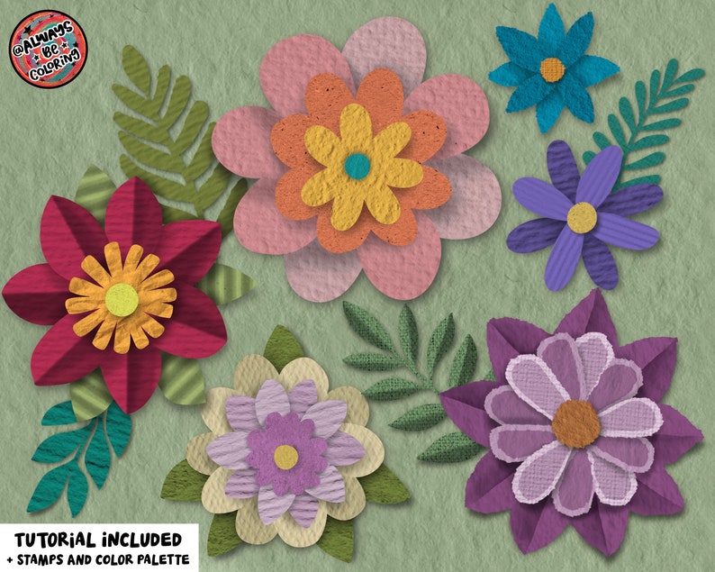 Puede incluir: Un dise&ntilde;o digital de artesan&iacute;a en papel con cinco flores de papel coloridas con un aspecto texturizado. Las flores son en tonos de rosa, naranja, amarillo, morado y azul. El fondo es de color verde claro. El texto "TUTORIAL INCLUDED + STAMPS AND COLOR PALETTE" est&aacute; en la parte inferior de la imagen.