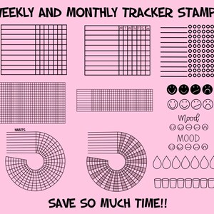 May include: A set of printable planner stamps for weekly and monthly tracking. The stamps include grids, circles, and mood trackers. The text "WEEKLY AND MONTHLY TRACKER STAMPS" and "SAVE SO MUCH TIME!!" is included in the image.