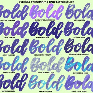 May include: A digital art graphic showcasing various hand-lettered "Bold" text examples in shades of purple and blue. Each word is styled differently, demonstrating various brush and pen effects, with text labels below each word. The background is a light green.