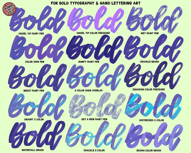 May include: A digital art graphic showcasing various hand-lettered "Bold" text examples in shades of purple and blue. Each word is styled differently, demonstrating various brush and pen effects, with text labels below each word. The background is a light green.