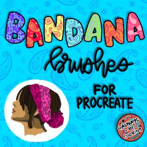 May include: A digital illustration of a bandana with paisley patterns in various colors. The text "Bandana Brushes for Procreate" is written in black. The illustration is on a blue background with paisley patterns.