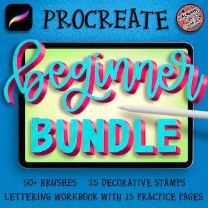 Mais de 50 pincéis Procreate, 25 carimbos de elementos de letras, livro de exercícios de letras de 15 páginas! Com pincéis de glitter, arco-íris, esboços, pincéis de letras