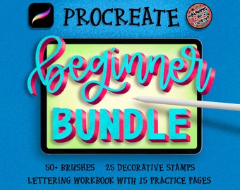 50+ Procreate Brushes, 25 Lettering Elements Stamps, 15 Page Lettering Workbook! With Glitter Brushes, Rainbow, Sketching, Lettering Brushes