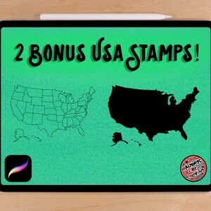 May include: A digital illustration of a map of the United States with state borders. The map is shown in two versions: one with state outlines and one filled in black. The text "2 Bonus USA Stamps!" is at the top of the image. The image is displayed on a tablet screen with a green background.