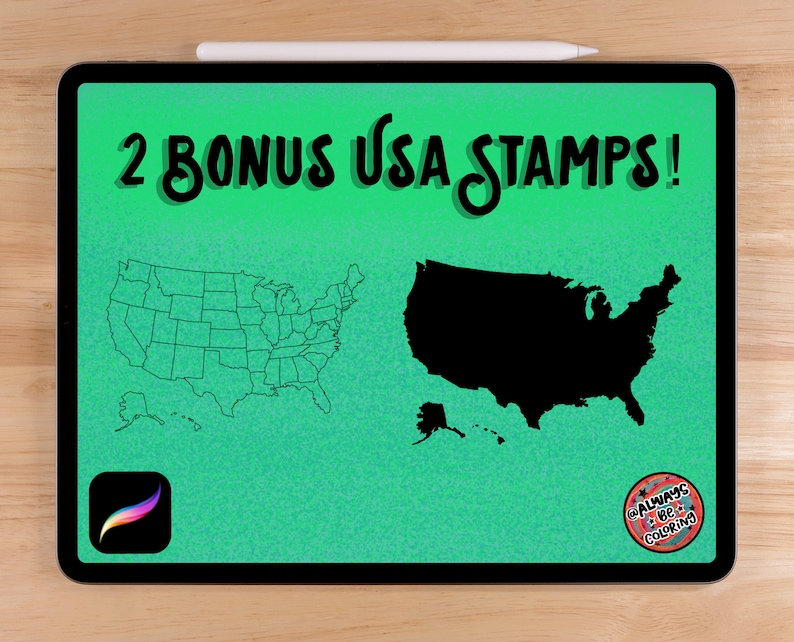 May include: A digital illustration of a map of the United States with state borders. The map is shown in two versions: one with state outlines and one filled in black. The text "2 Bonus USA Stamps!" is at the top of the image. The image is displayed on a tablet screen with a green background.