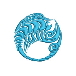 May include: A blue stylized design of a seahorse in a circle. The design is made up of curved lines and swirls.
